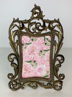 Vtg Ornate Brass Photo Frame Victorian Style Gold Color Wall Decor Desk No Glass